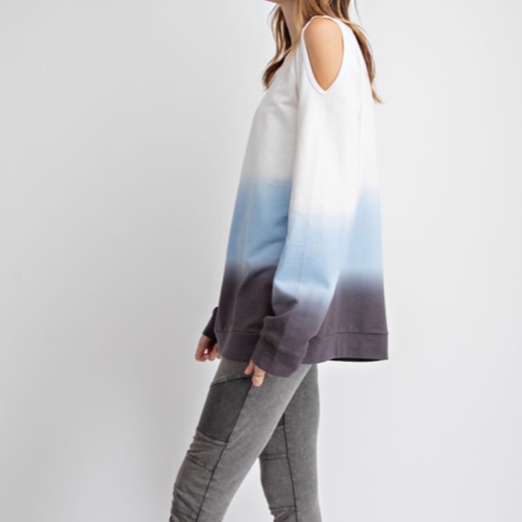 Terry Knit Blue Ombré Tie Dyed Cold Shoulder Top! - Picture 6 of 10